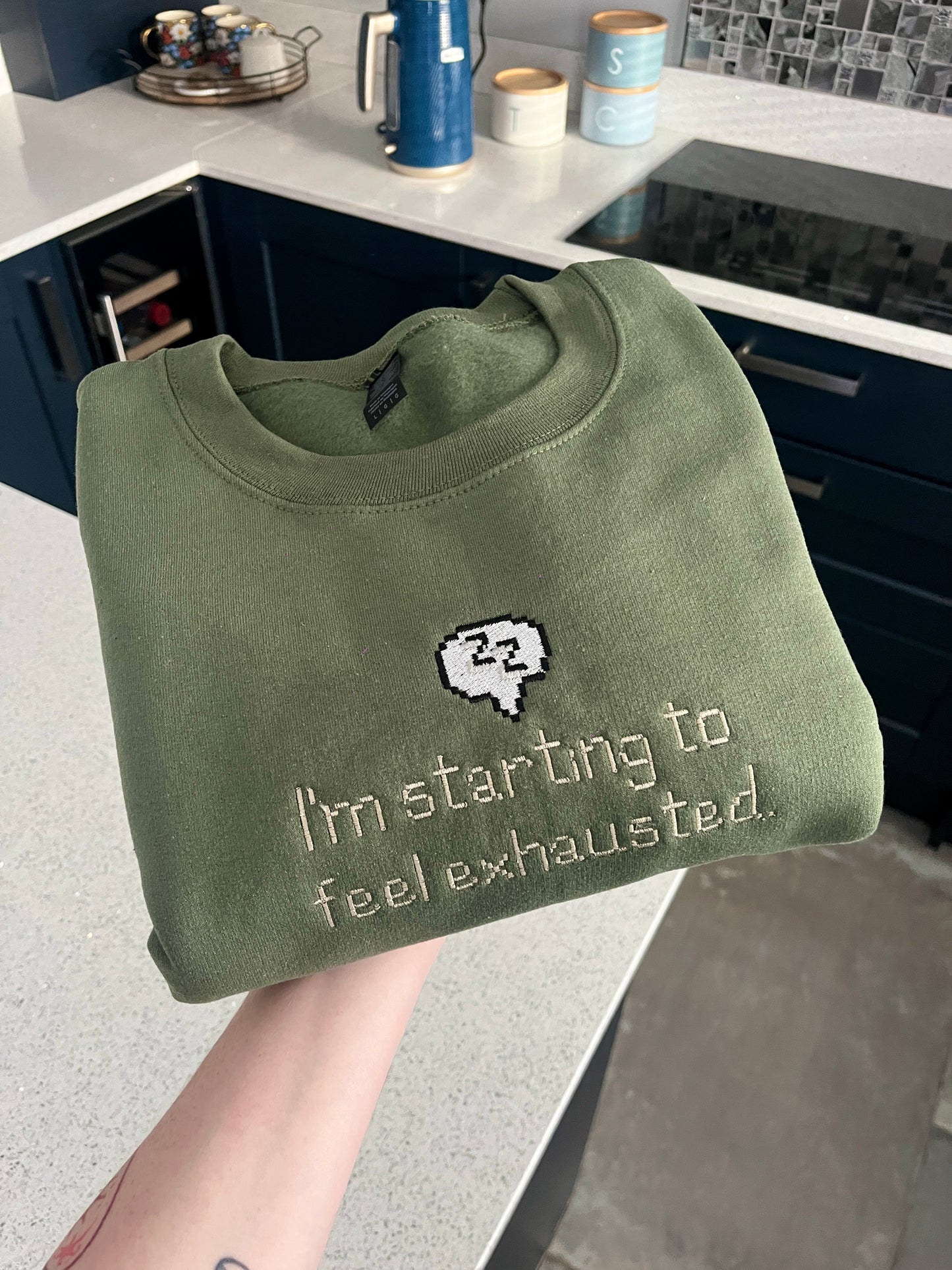 Exhausted Stardew Valley Embroidered Unisex Green Sweatshirt