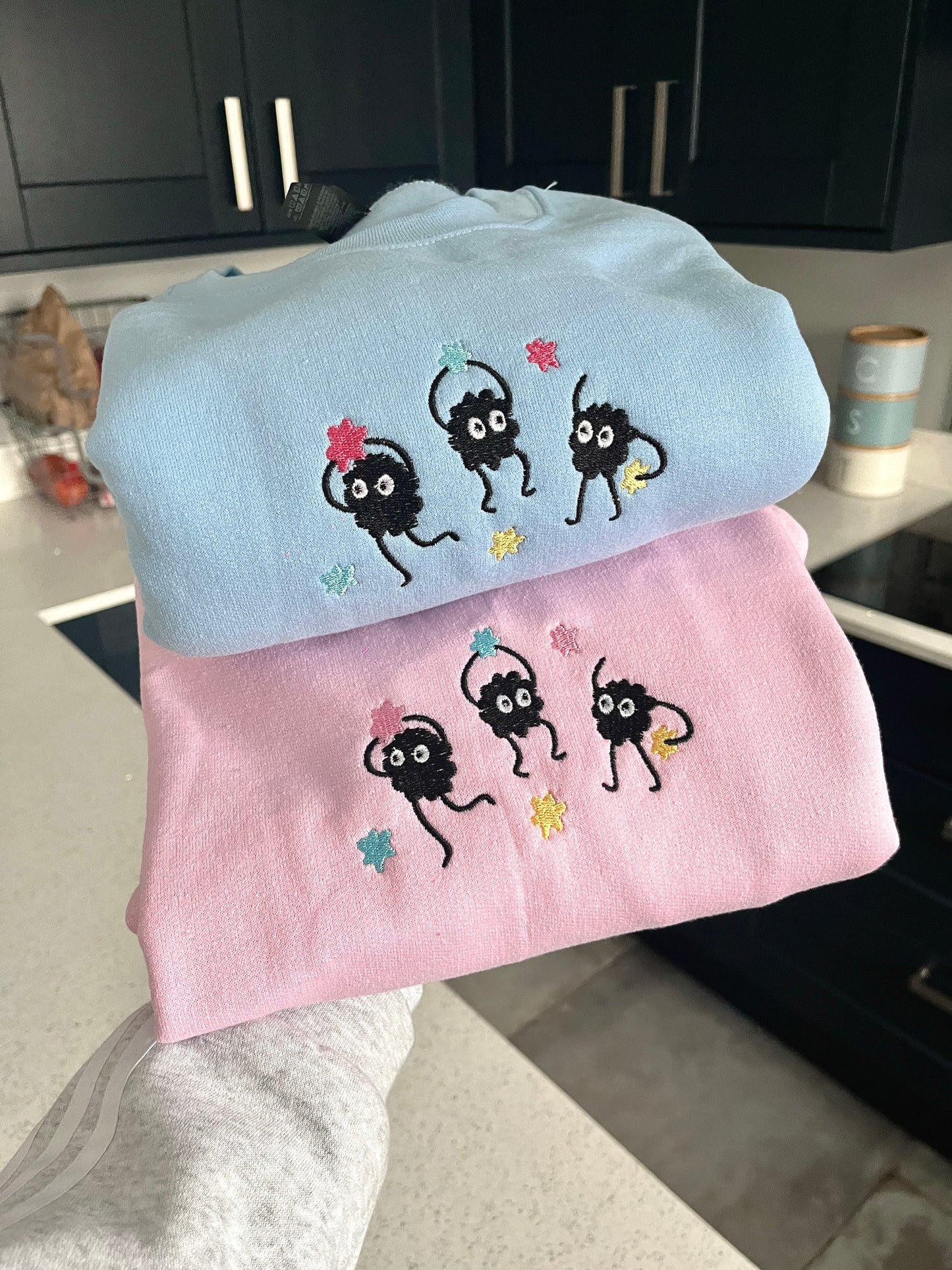 Soot Dust Ball Embroidered Unisex Pink or Blue Sweatshirt