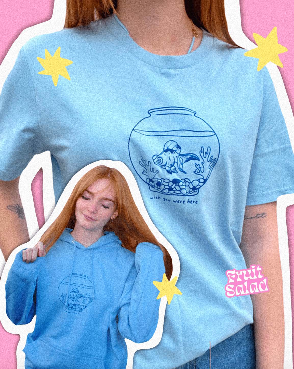 A collage of two images, one showing a unisex blue T-shirt with a fish bowl design printed on the front, and the other showing a person wearing the T-shirt. Small stars and the text 'Fruit Salad' are also visible.
