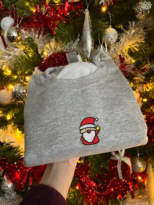 Santa Star Unisex Embroidered Grey Christmas Sweatshirt