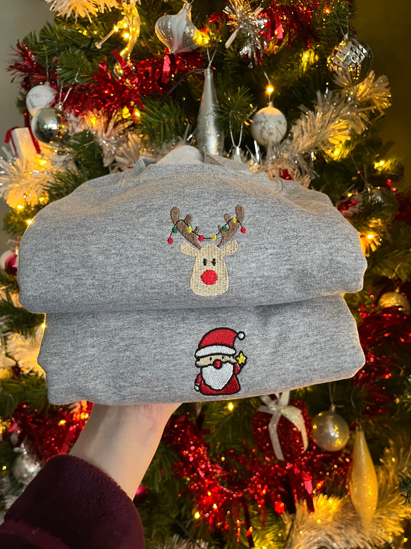 Santa Star Unisex Embroidered Grey Christmas Sweatshirt