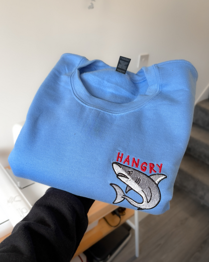 Hangry Shark Embroidered Unisex Blue Sweatshirt