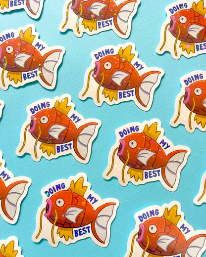 A collection of Magikarp Pokemon holographic vinyl stickers with the text 'DOING MY BEST' on a blue background.