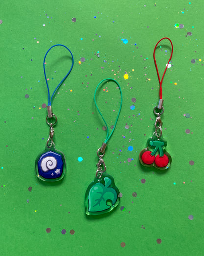 Animal Crossing Fossil, Cherry and Leaf Phone Charm
