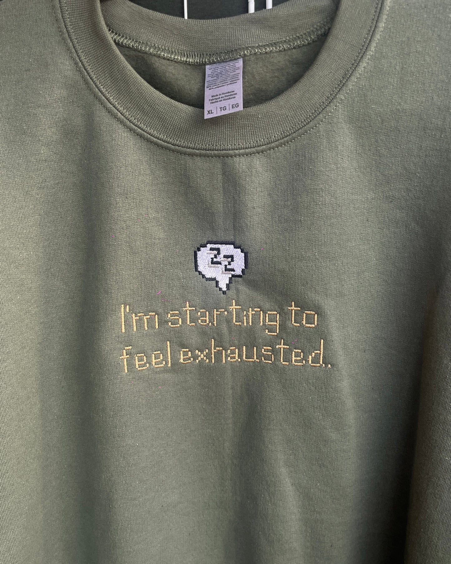 Exhausted Stardew Valley Embroidered Unisex Green Sweatshirt